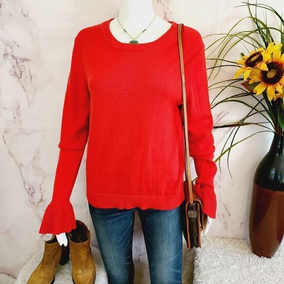 J. Crew red soft knit cotton sweater with fluted sleeves - Picture 2 of 8
